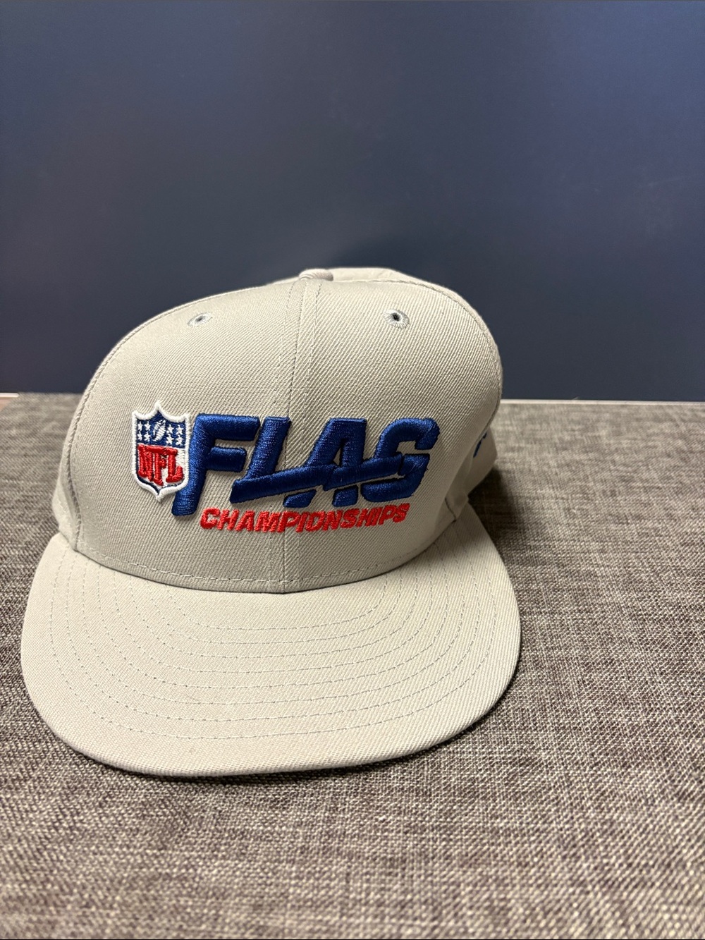 NFL Beige Snapback Hat with Blue FLAG and Red Championships Embroidery